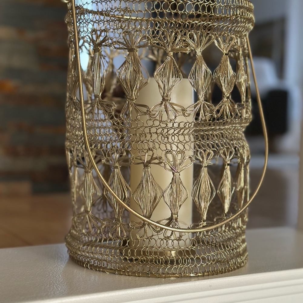 Intricate Gold Wire Lantern Candle Holder